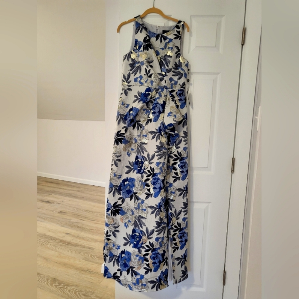 Adrianna Papell Sleeveless Jacquard Halter Neck Gown with Cascade Detail